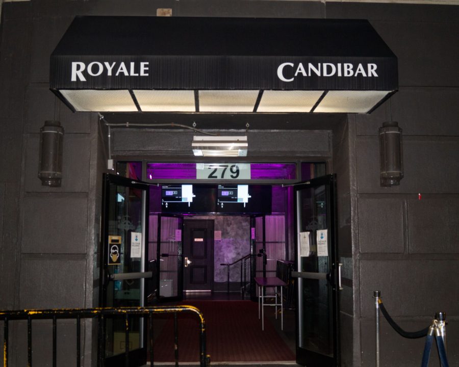 Entrance to the Royale music venue at night.