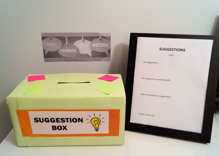 A suggestion box and form stand.