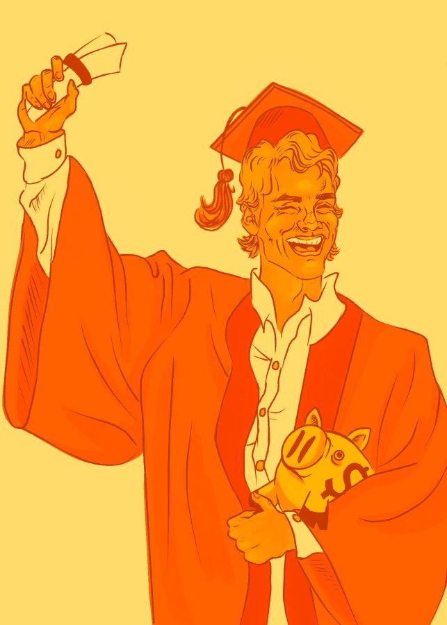 A college graduate holding a diploma in one hand and a piggy bank in the other.