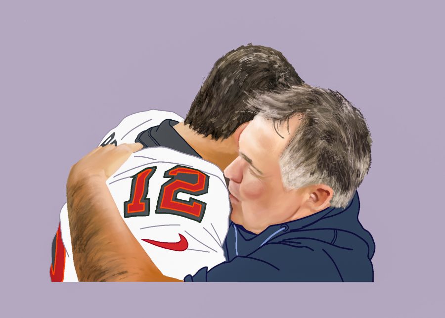 Tom Brady and Bill Belichick embrace after a game.