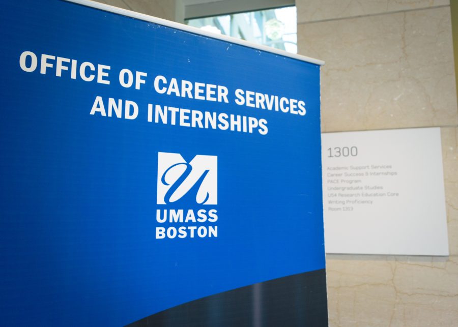 The banner at the entrance of the Office of Career Services welcomes you on the first floor of the Campus Center.