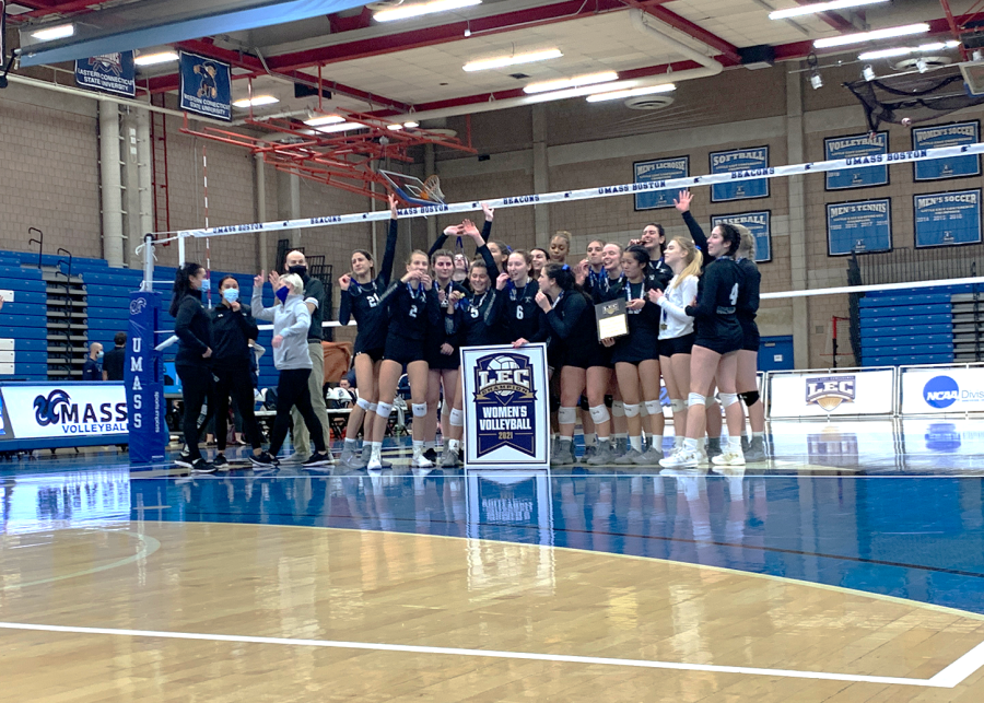 The UMass Boston Women’s Volleyball team after winning the LEC.