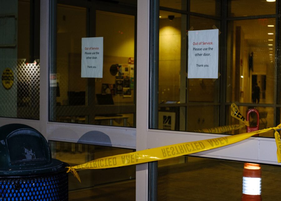 The blocked off sliding door at the Campus Center, after the nor’easter hit campus.