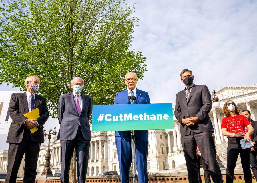 Chuck Schumer, Martin Heinrich, Angus King, Ed Markey and a representative from Mom’s Clean Air Force hold a press conference on April 28, 2021.