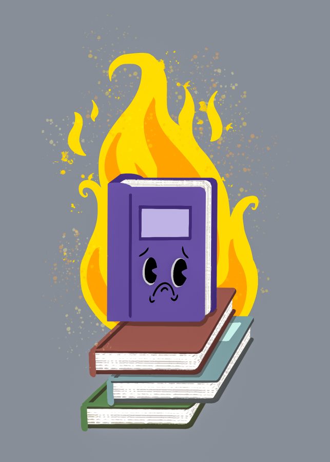 A depiction of books burning.