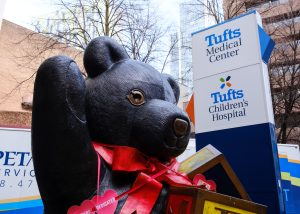 The 12 feet bear statue in front of the Tufts Children's hospital, where 41 pediatric beds will be converted to adult ICU and surgical beds.