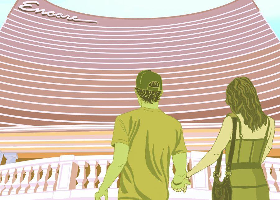 A sketch of patrons entering the Encore casino in Boston, MA. Illustration by Bianca Oppedisano / Mass Media Staff