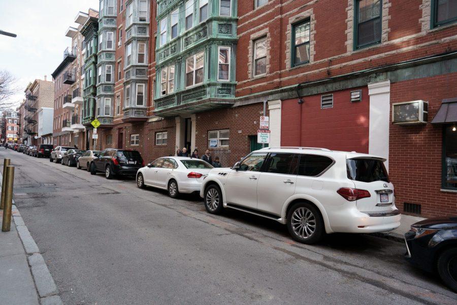 A white SUV highlights the proposed parking space Monica’s Trattoria would be charged to utilize for outdoor dining come April 2022.