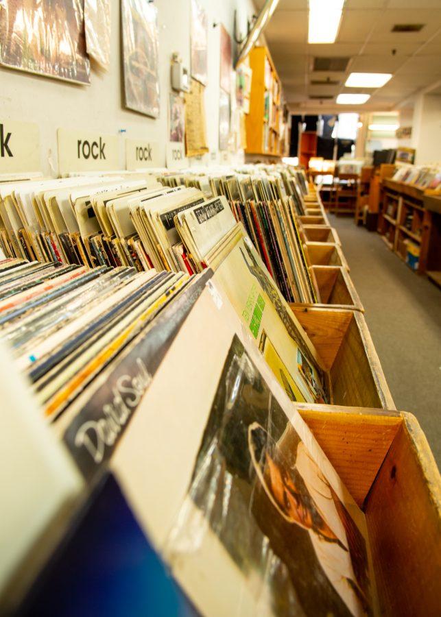 Rows of albums sit inside Nuggets, a local record store near Fenway Park in Boston, MA.