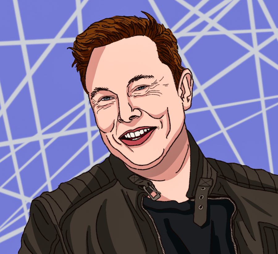 Elon Musk smiling against a geometric background.