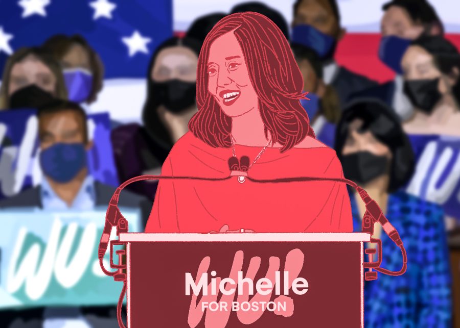 A depiction of Michelle Wu addressing a crowd of supporters.
