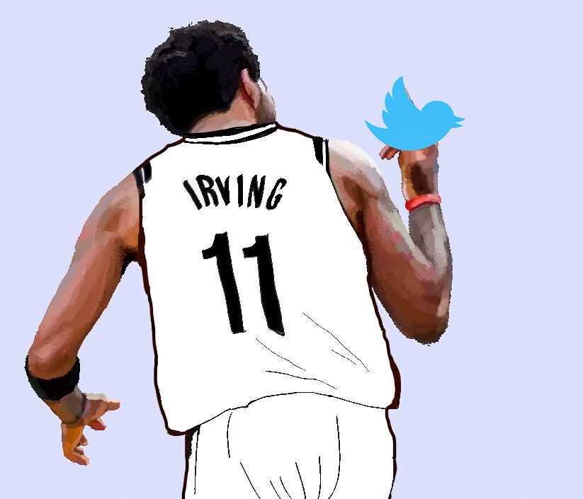 Kyrie Irving of the Boston Celtics throwing the middle finger, censored by the Twitter logo.