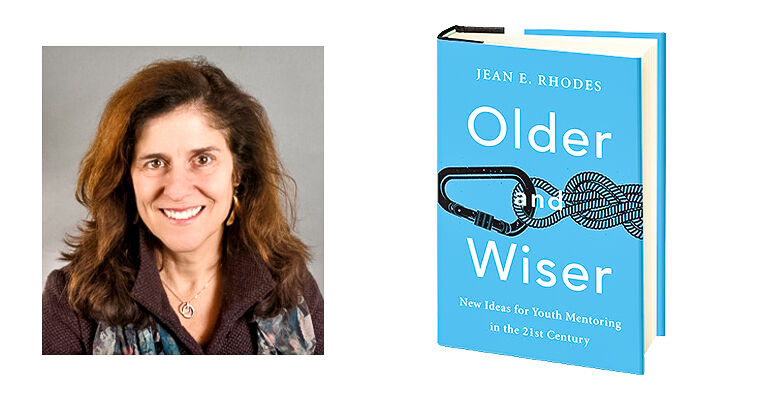 A side-by-side of Jean Rhodes and her book, “Older and Wiser”.