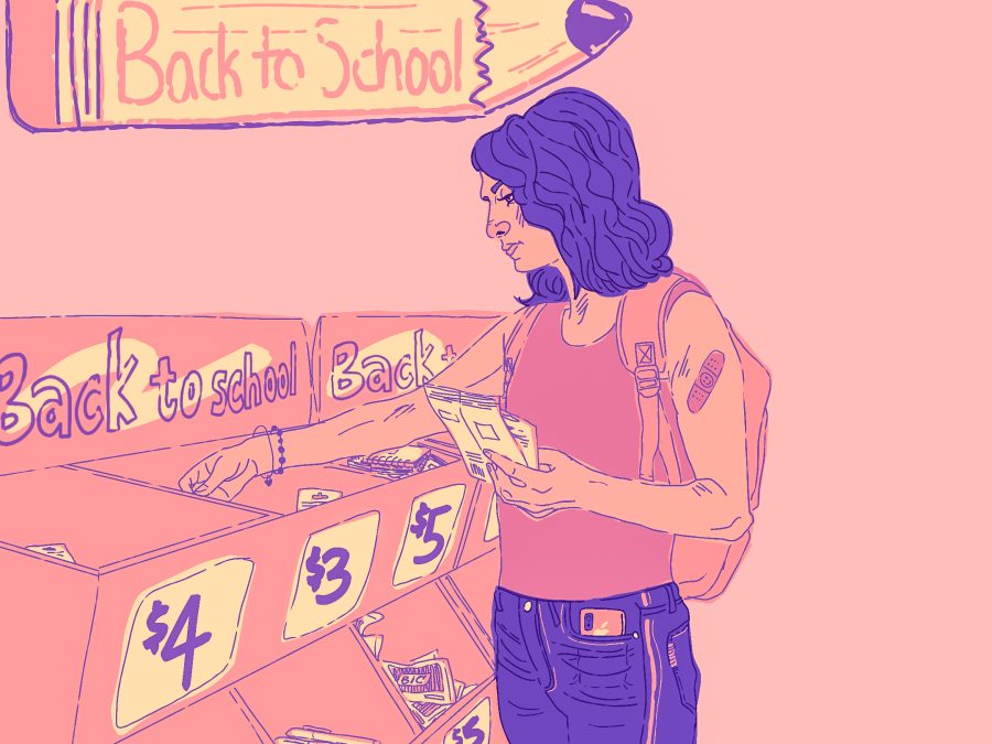 A woman shops for school supplies as the new semester arrives.
