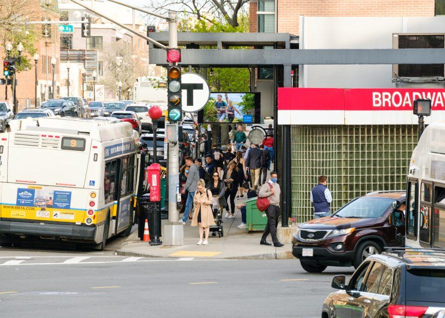 An MBTA bus stops at the busy Broadway station in Boston, Mass..