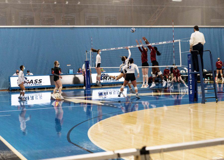 UMass Boston volleyball team at a game on Oct. 19, 2021.