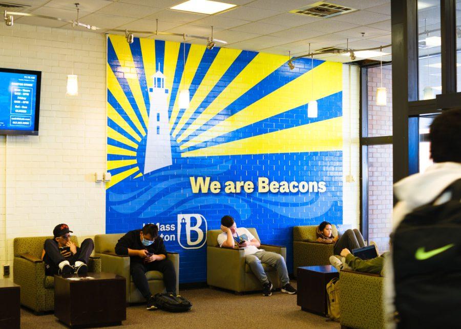 The newly painted UMass Boston mural in the lobby of Wheatley Hall.