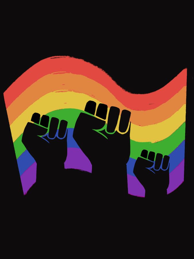 An LGBTQ+ flag depicted with raised fists.
