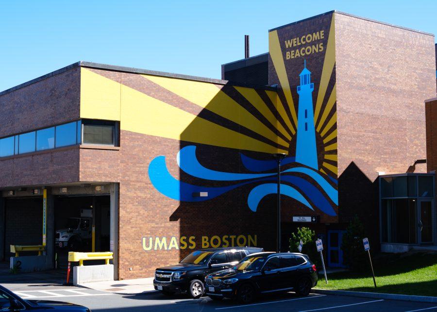 The newly painted UMass Boston mural on the side of Quinn Administration Building.