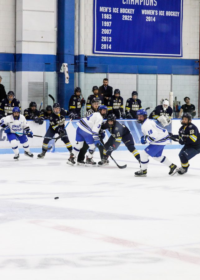 A face-off between UMass Boston and UMass Dartmouth during their game on Oct. 28, 2022.
