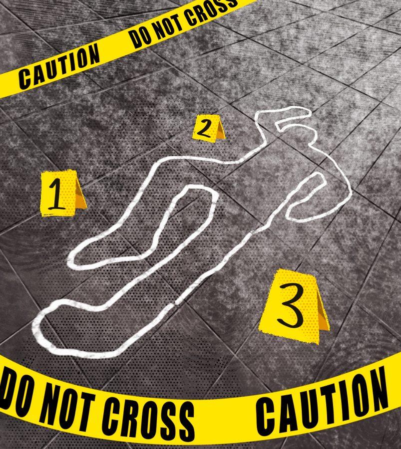 A crime scene with a chalk outline.