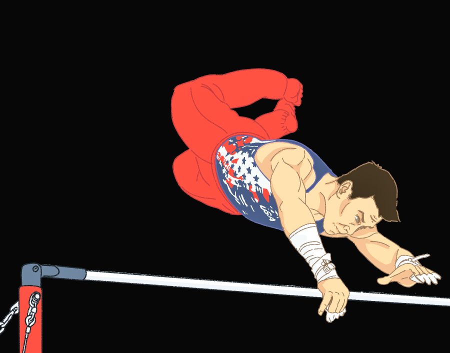 American Olympic gymnast, Brody Malone, performs on the horizontal bar.