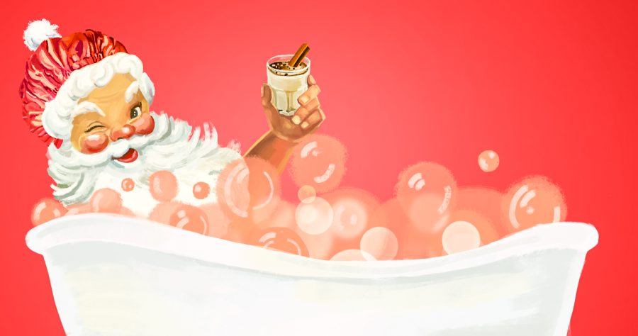 Santa Claus lays in a bubble bath, fully clothed and holding a glass of eggnog.