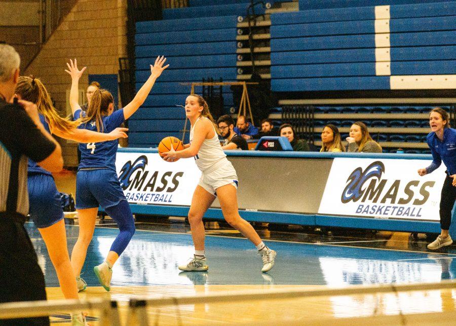 UMass Boston’s Kerrian Farina (#11) in the game against Colby-Sawyer College on Nov. 22.