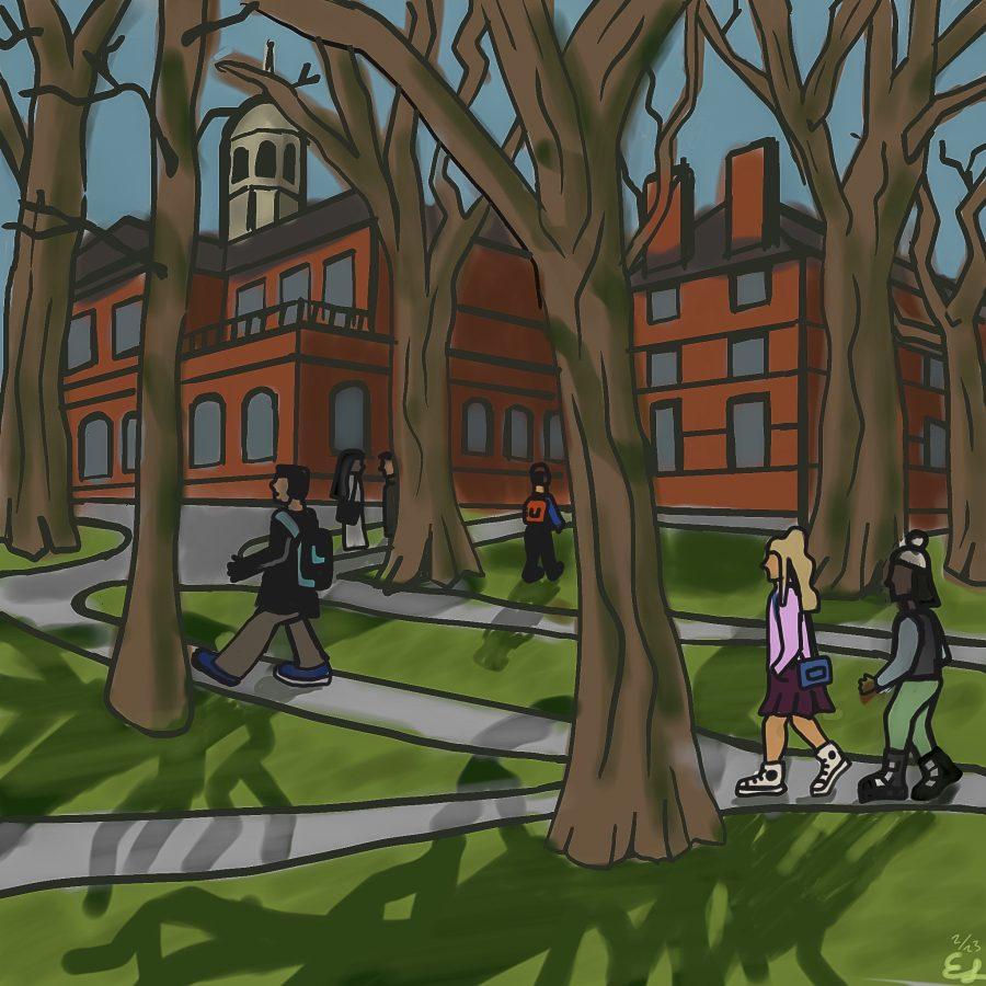Illustration of students walking through Harvard Campus. Illustration by Eva Lycette (She/Her) / Mass Media Contributor. 