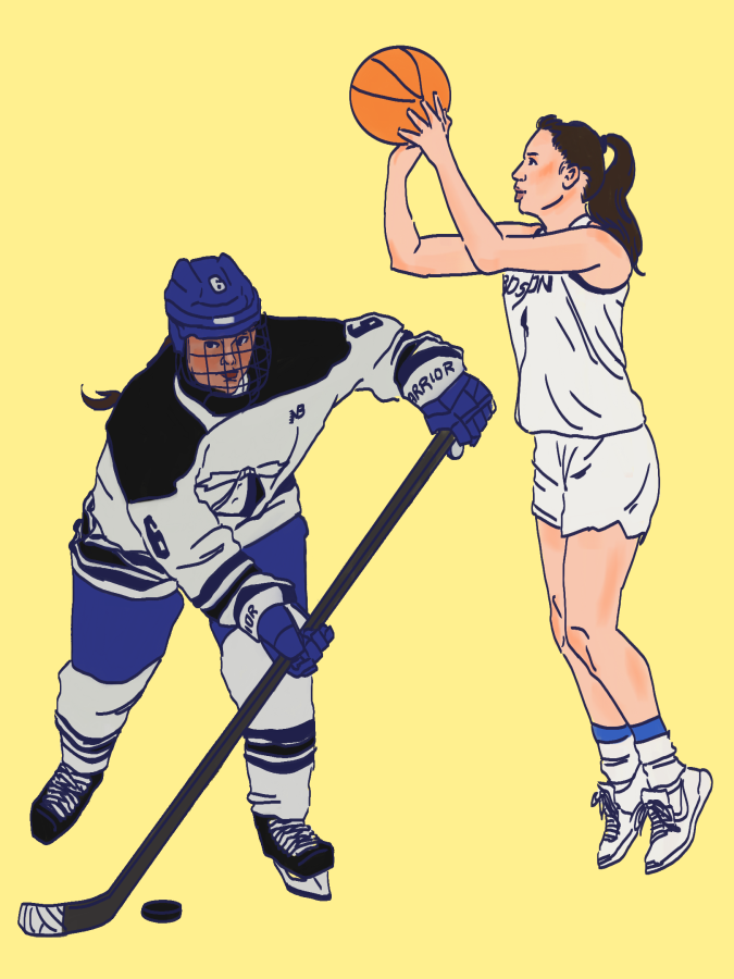 An illustration of a UMass Boston women’s hockey player and women’s basketball player. Illustration by Bianca Oppedisano (She/Her) / Mass Media Staff.