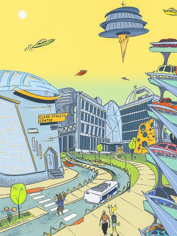 A futuristic look at the UMass Boston Campus. Illustration by Bianca Oppedisano (She/Her) / Mass Media Staff. 