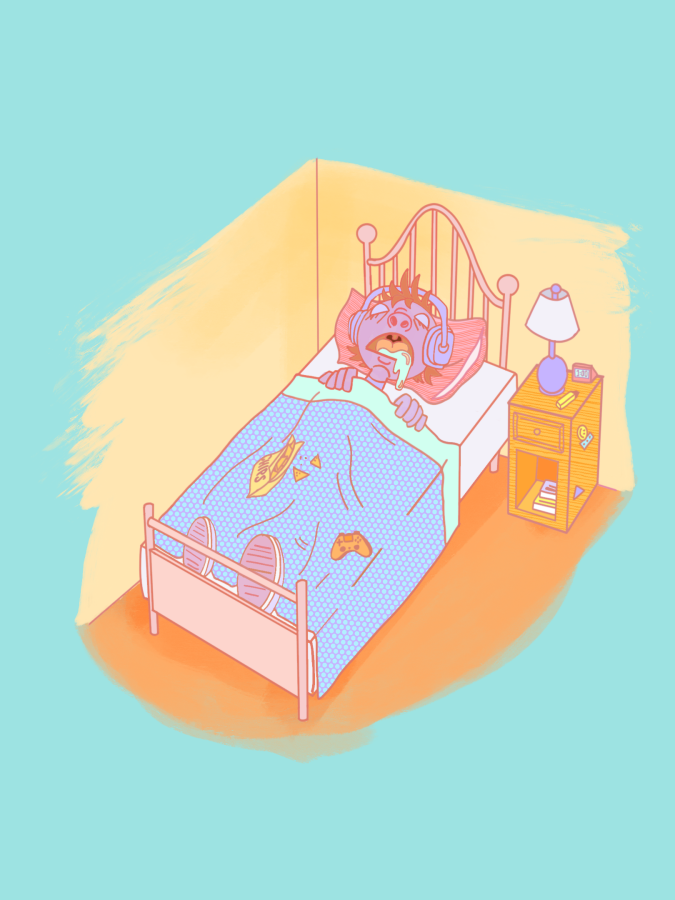 A person sleeps with their headphones on in the afternoon. Illustration by Bianca Oppedisano (She/Her) / Mass Media Staff.   