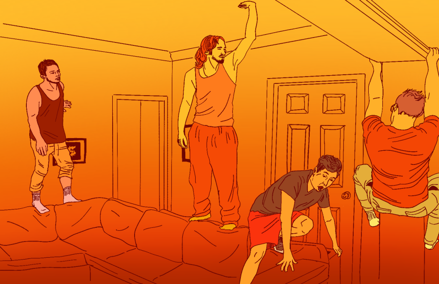 A group of friends play the floor is lava. Illustration by Bianca Oppedisano (She/Her) / Mass Media Staff. 