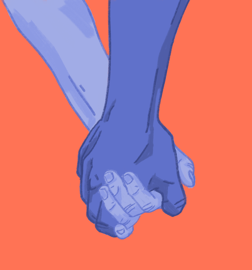 A couple holds their hands together. Illustration by Bianca Oppedisano (She/Her) / Mass Media Staff.