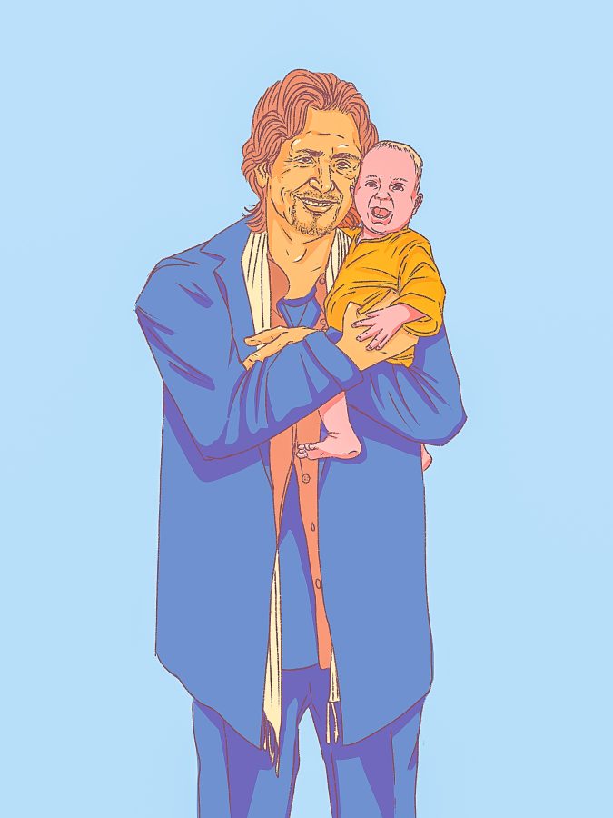 Al Pacino proudly holding up a baby. Illustration by Bianca Oppedisano (She/Her) / Mass Media Staff
