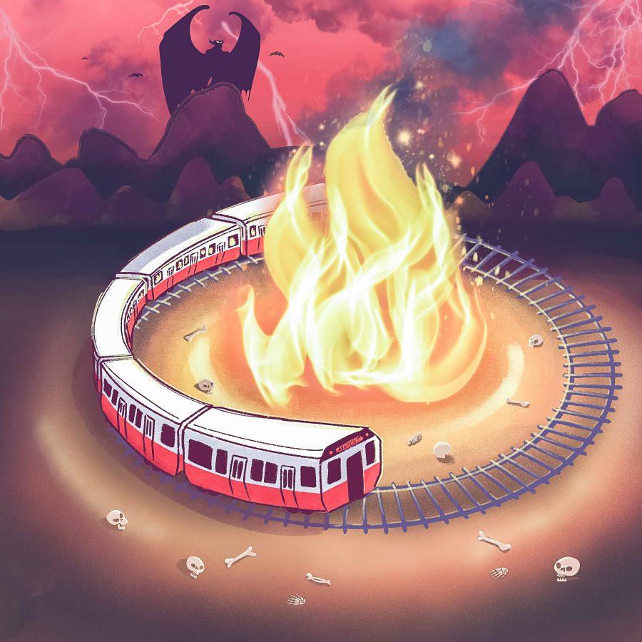 The+Red+Line+circles+a+fire+pit+surrounded+by+skulls%2C+demons+and+lightning.+Illustration+by+Bianca+Oppedisano+%28She%2FHer%29+%2F+Mass+Media+Staff.