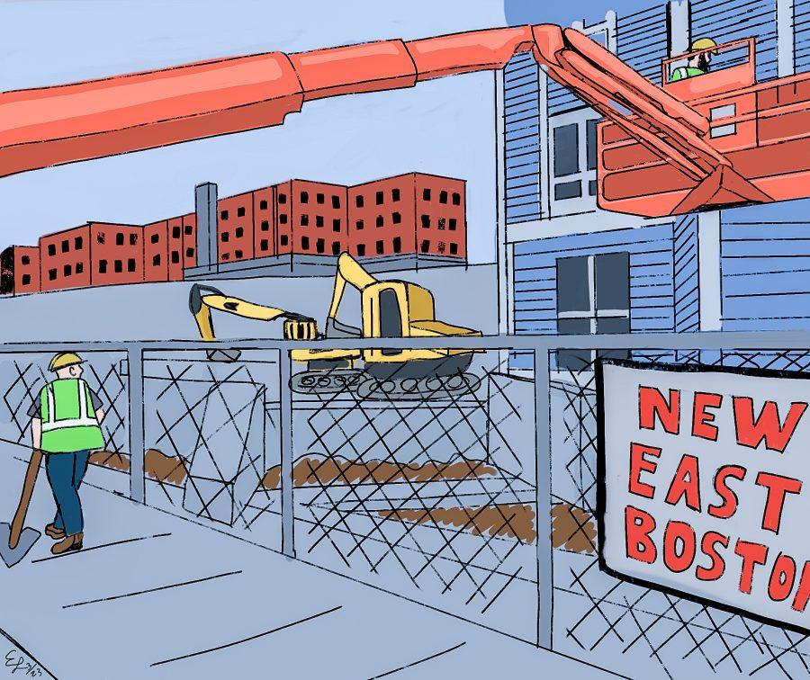 Construction in the New East Boston. Illustration by Eva Lycette (She/Her) / Mass Media Staff.