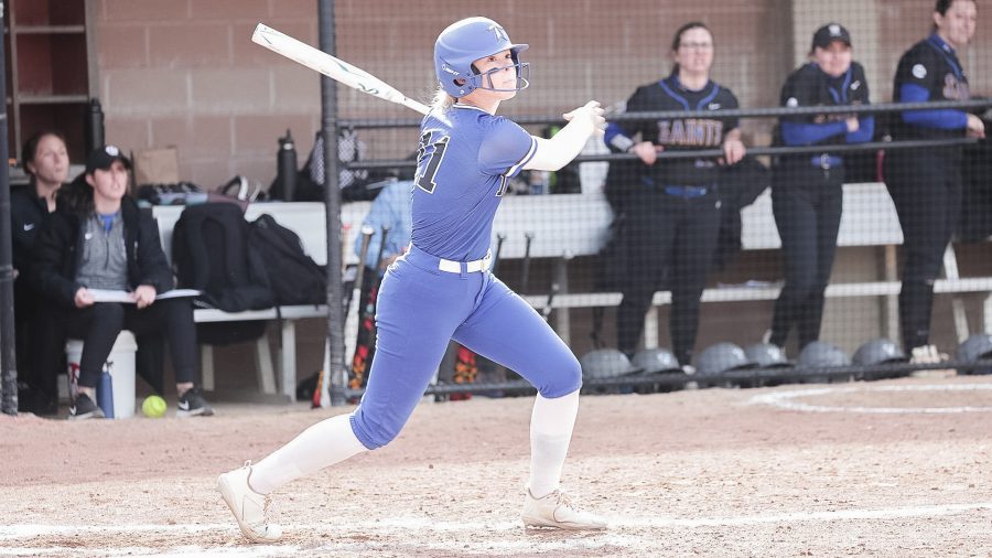 UMass Boston softball player in action at a previous home game. Image provided by Beacon Athletics.