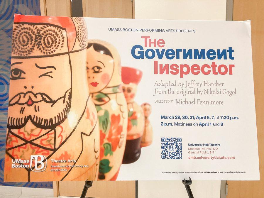 Poster for the upcoming “The Government Inspector” play on display in University Hall. Image by Valentina Valderrama Perez / Sports Writer.