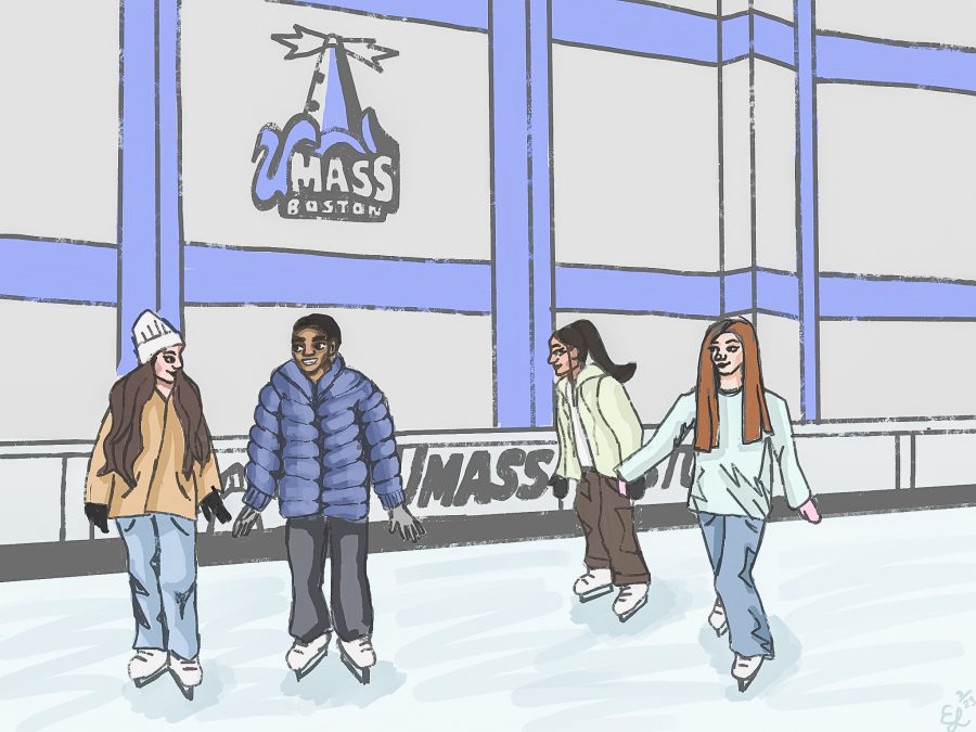 Illustration of UMass Boston students participating in skate night. Illustration by Eva Lycette (She/Her) / Mass Media Contributor.