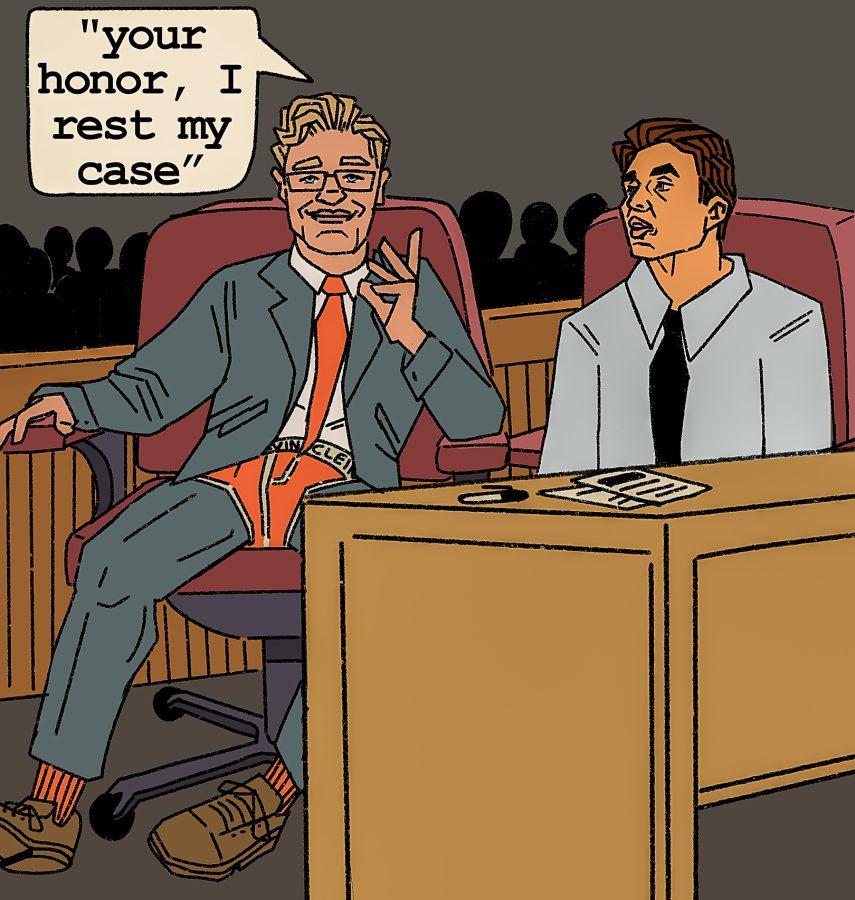 A lawyer has his underwear on over his pants while relaying evidence to the court to exonerate his defendant who worries about his lawyers tactic. Illustration by Bianca Oppedisano (She/Her) / Mass Media Staff. 