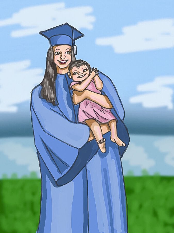 A graduating student holds her child. Illustration by Eva Lycette (She/Her) / Mass Media Staff.