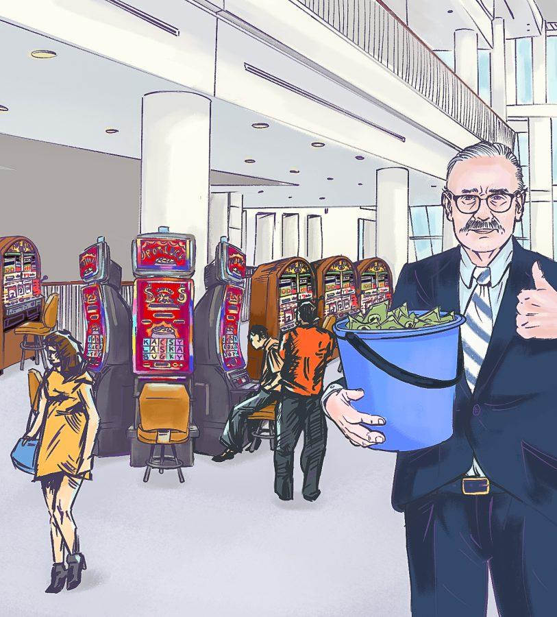 UMass Boston Chancellor, Marcelo Suárez-Orozco, holds a bucket of Beacon Bucks and stands in the Campus Center filled with slot machines. Illustration by Bianca Oppedisano (She/Her) / Mass Media Staff.