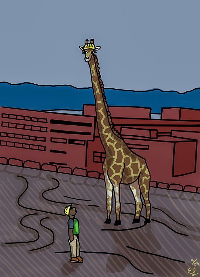Extendi the Giraffe helps speed up campus construction. Illustration by Eva Lycette (She/Her) / Mass Media Staff.