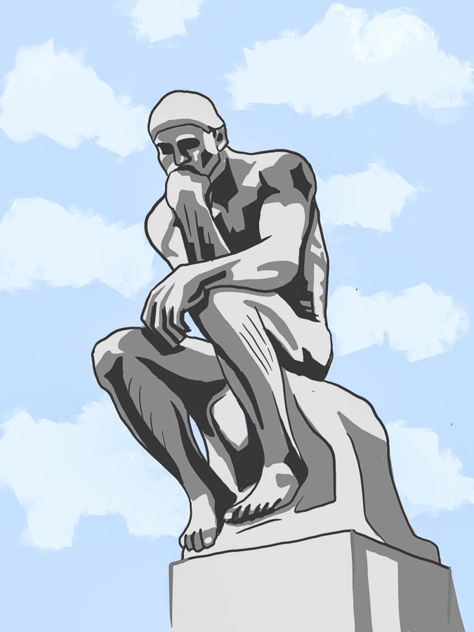 “The Thinker” sculpture, an emblem of mainstream philosophy. Illustration by Eva Lycette (She/Her) / Mass Media Staff.