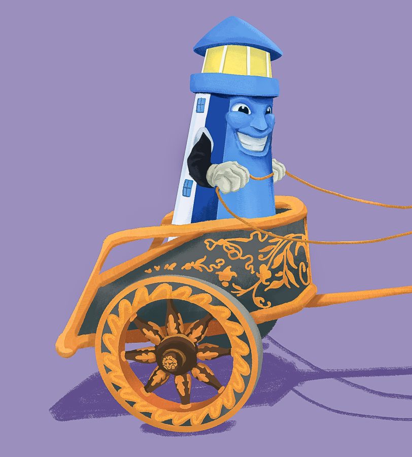 Bobby Beacon rides a chariot. Illustration by Bianca Oppedisano (She/Her) / Mass Media Staff.