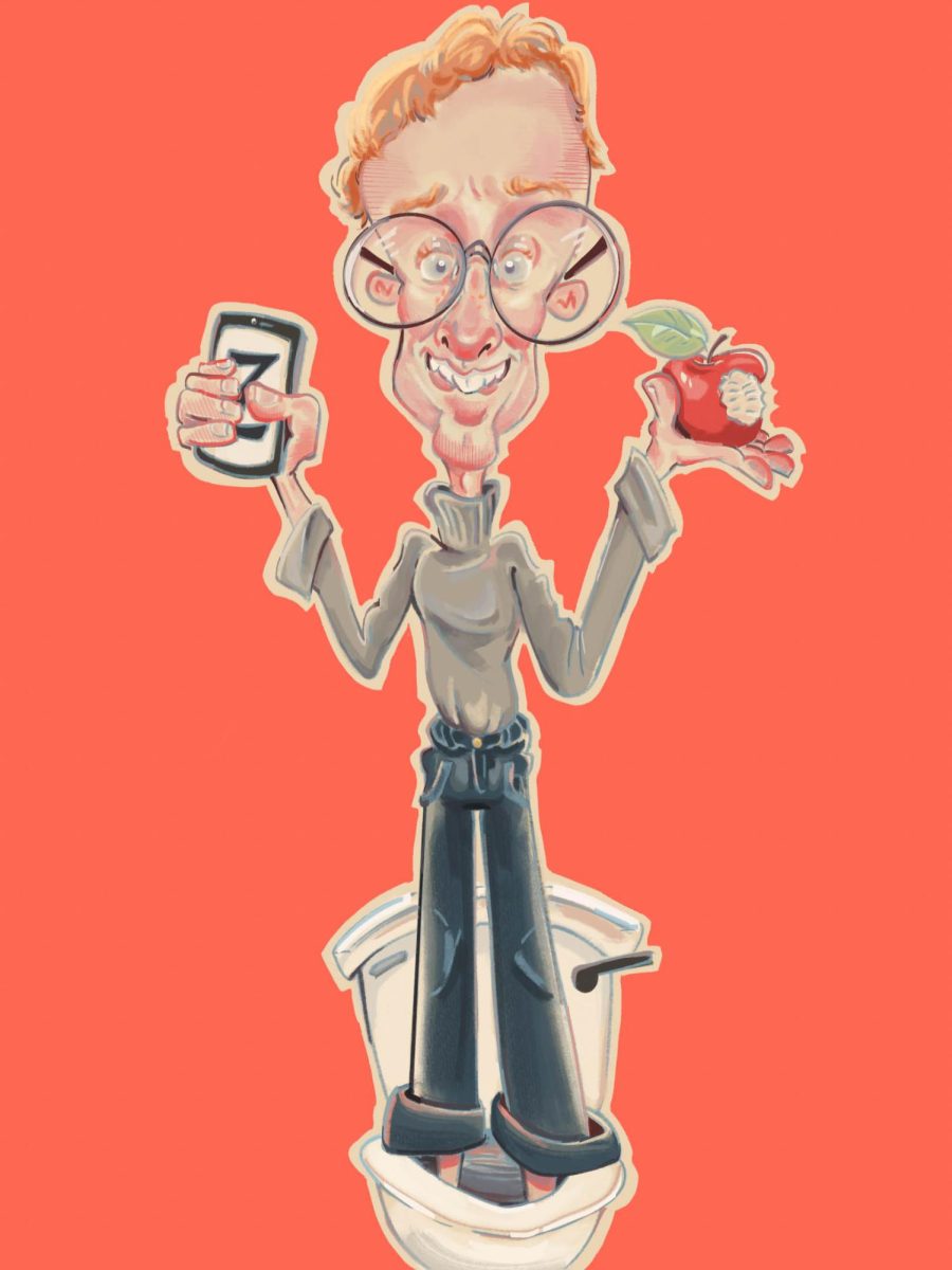 A student dresses like Steve Jobs, notorious college dropout, and stands barefoot in a toilet, holding an apple with a bite taken out of it in one hand and a smartphone in the other. Illustration by Bianca Oppedisano (She/Her) / Mass Media Staff