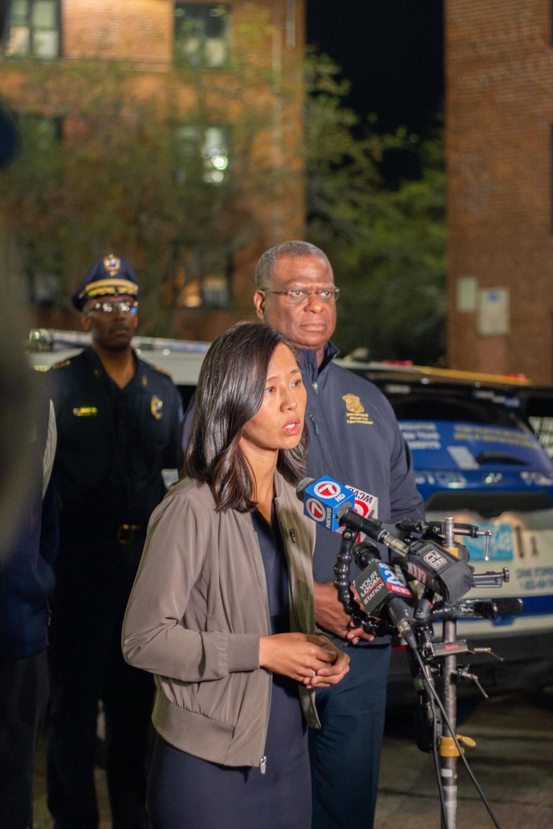 Boston Mayor Michelle Wu speaks about Dorchester shooting. Photo by Colin Tsuboi / Mass Media Staff