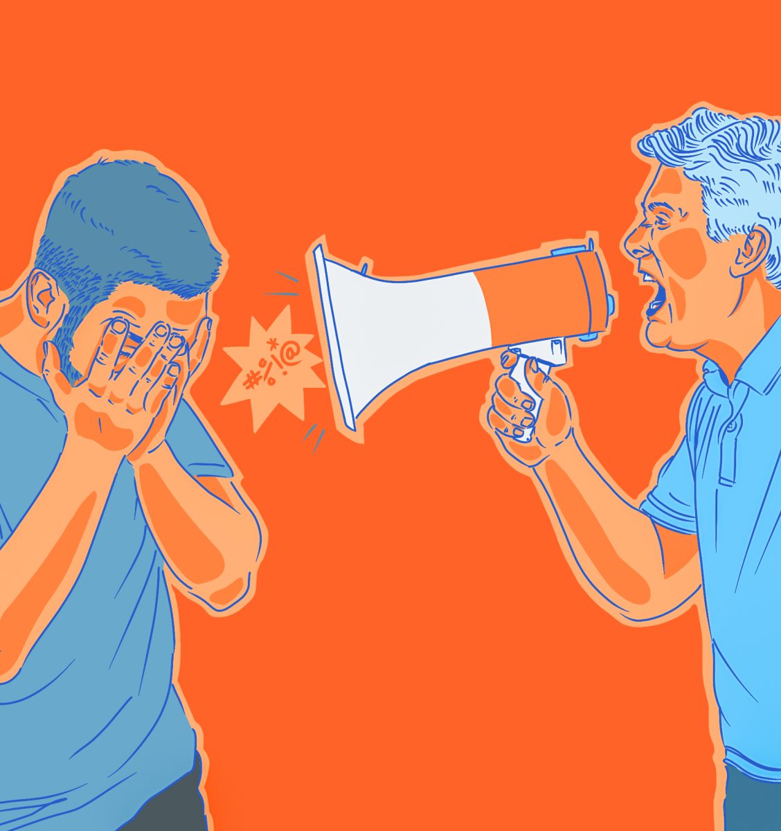 A man yells at someone through a megaphone. Illustration by Bianca Oppedisano / Mass Media Staff