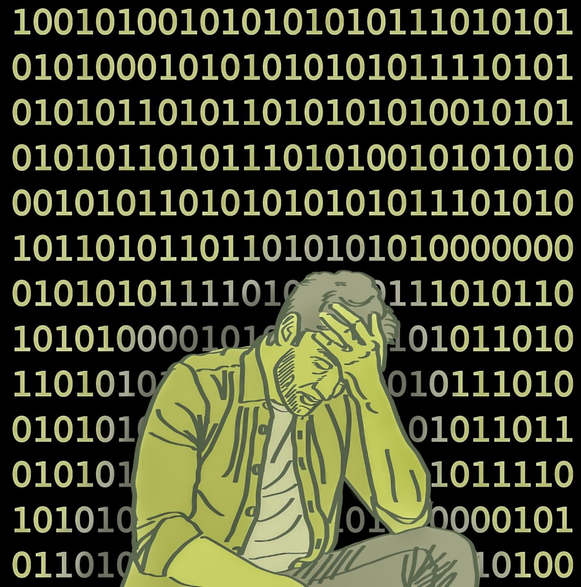  A person sitting distraught with binary numbers behind them. Illustration by Bianca Oppedisano / Mass Media Staff.